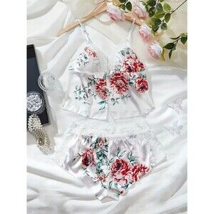 Floral Print Lingerie Set Women's XL Lace Trim V Neck Cami Top & Shorts NEW!